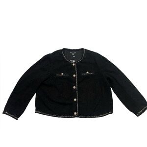 NWT Adrianna Papell Black Solid Crew Neck Boucle Long Button Up Jacket Size L